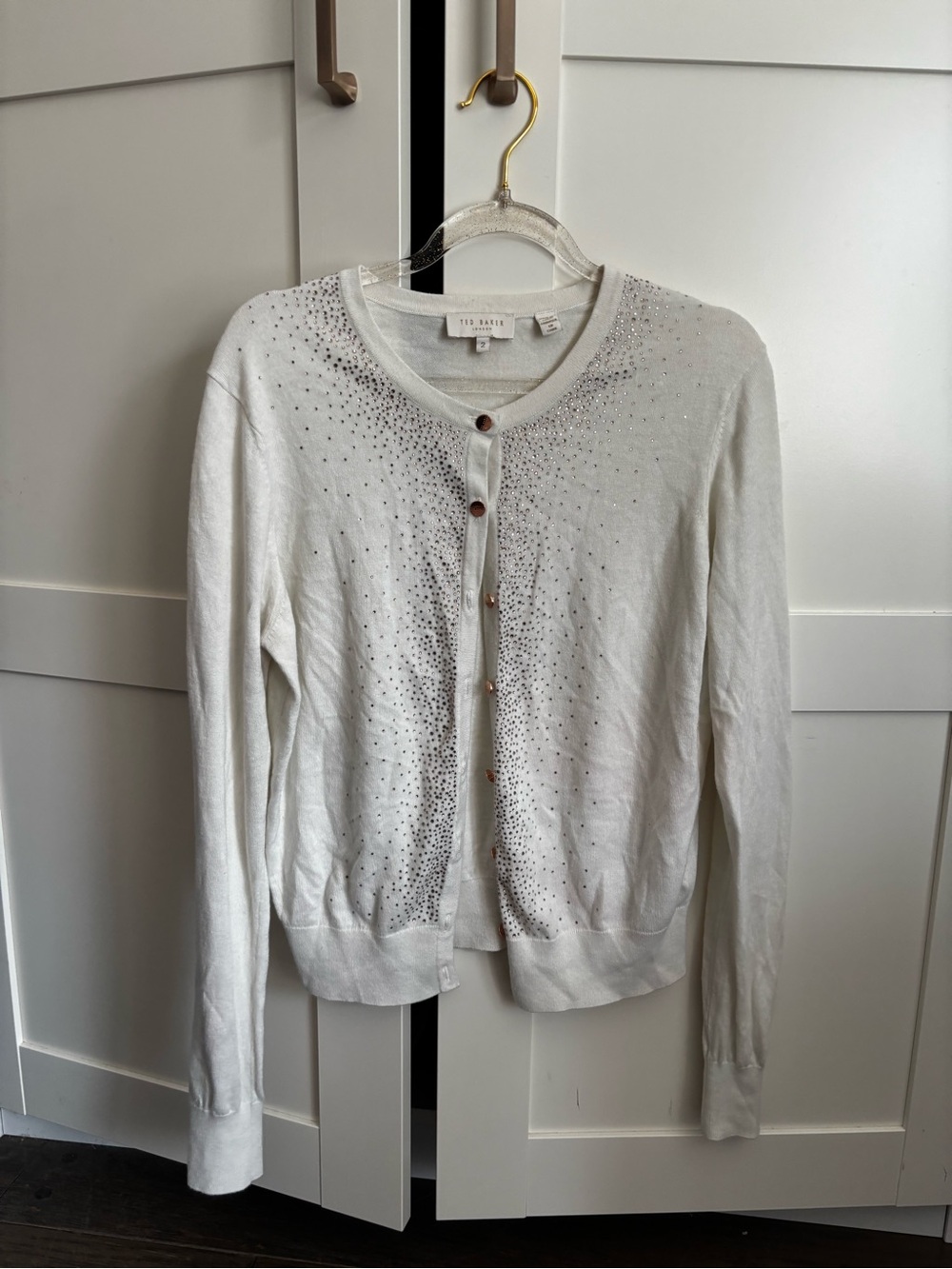 Ted Baker Cream Rose Gold Crystal-Embellished Button Cardigan Cotton Cashmere